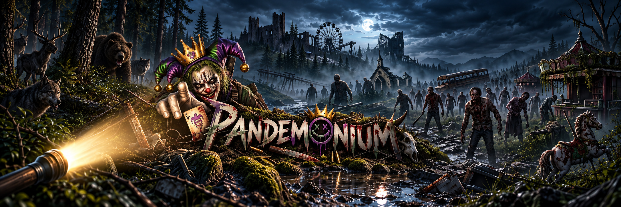 Pandemonium: a crowned jester, infected and wild animals in a moonlit ruined carnival