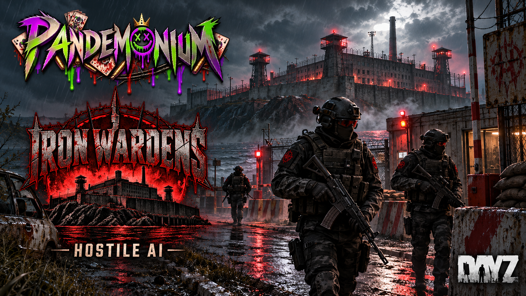 Pandemonium Iron Wardens artwork: armed soldiers at a rain-soaked prison checkpoint