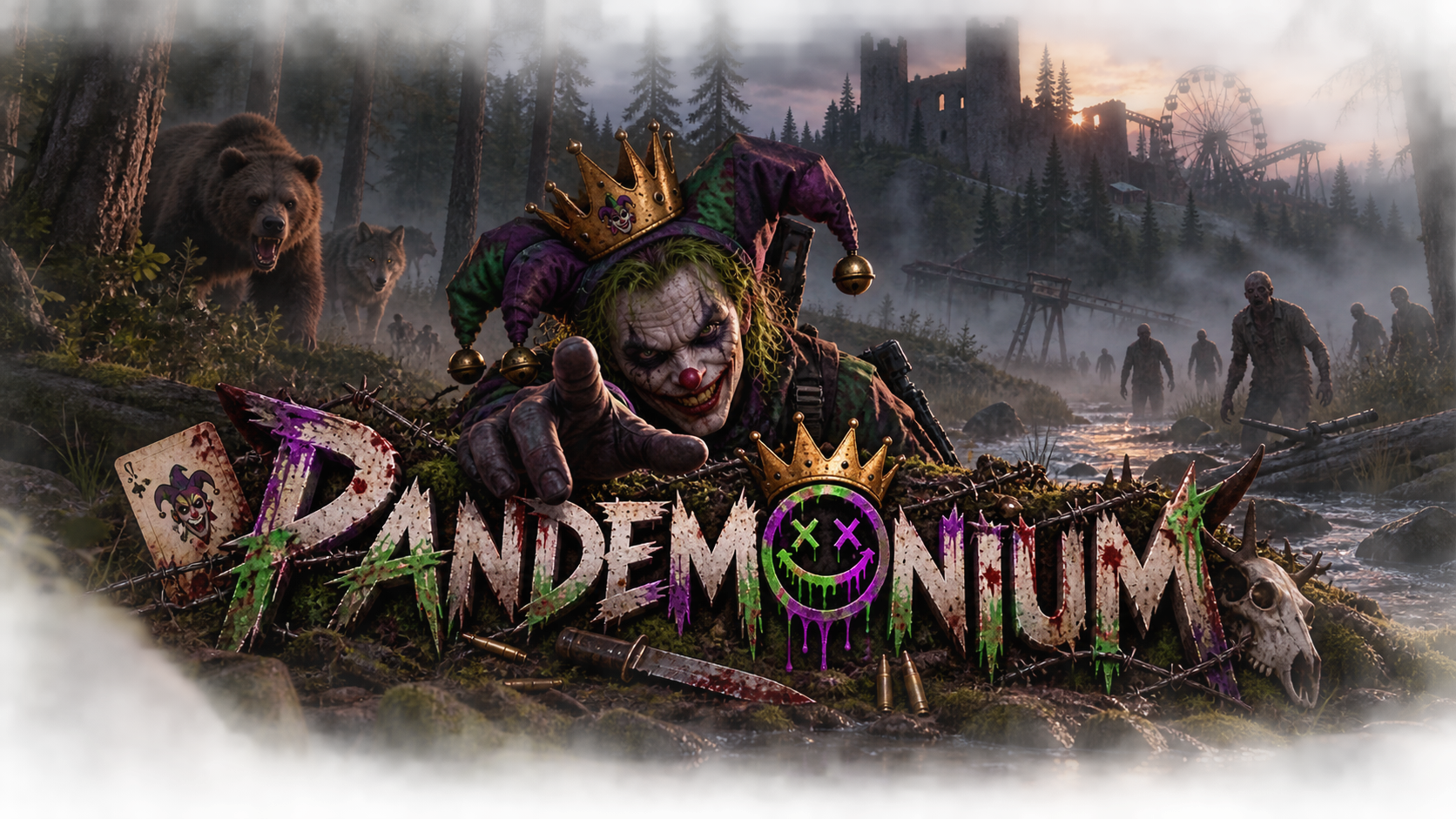 Pandemonium crowned jester artwork in a ruined forest